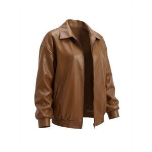 Womens Oversized Faux Leather Bomber Jacket ZipUp Dark Brown Vintage Y2K Medium